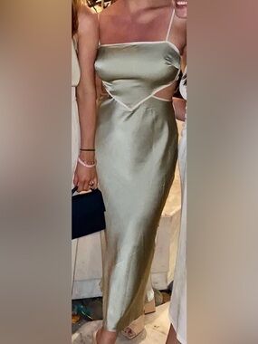 VRG GRL Satin Olive Green Slip Dress with Cutout Detail